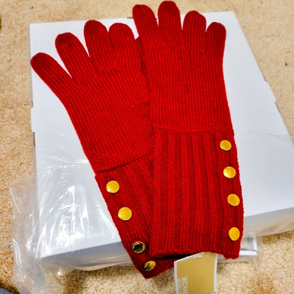 Michae Kors Red Knit Gloves with Gold Buttons